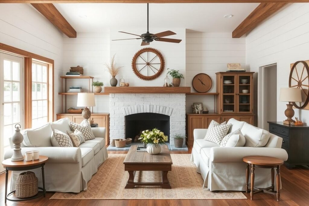 A cozy farmhouse style living room with rustic elements and comfortable furniture A cozy farmhouse style living room with rustic elements and comfortable furniture