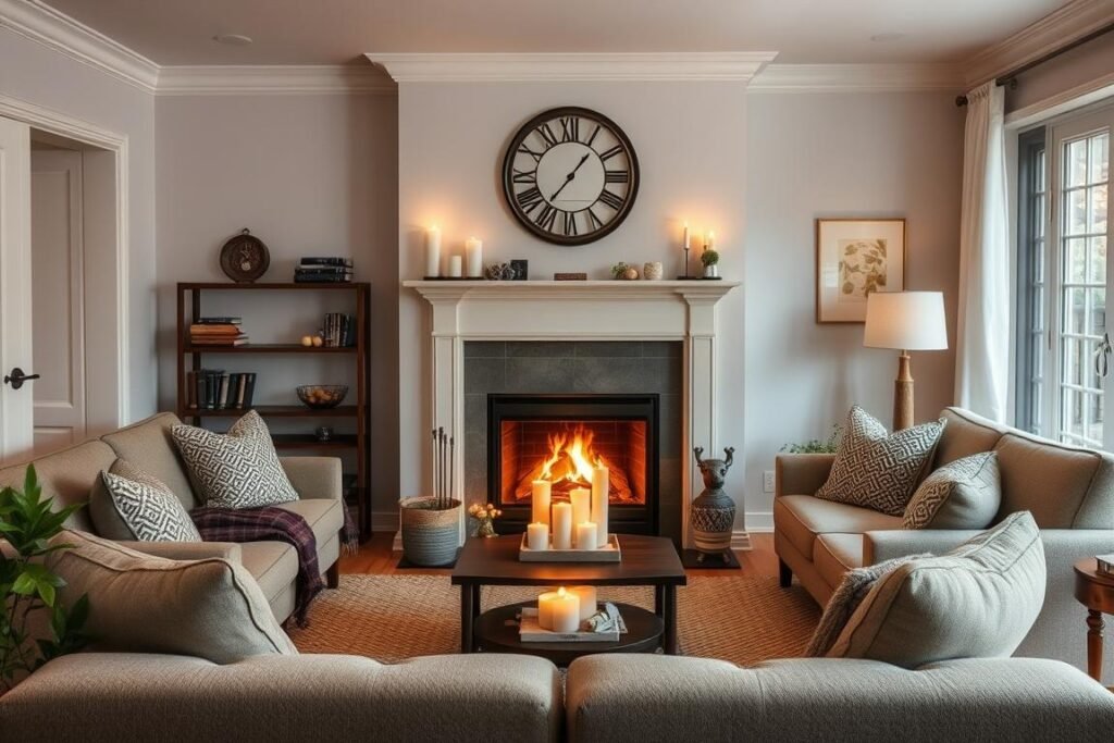 A cozy living room centered around a fireplace with comfortable seating A cozy living room centered around a fireplace with comfortable seating