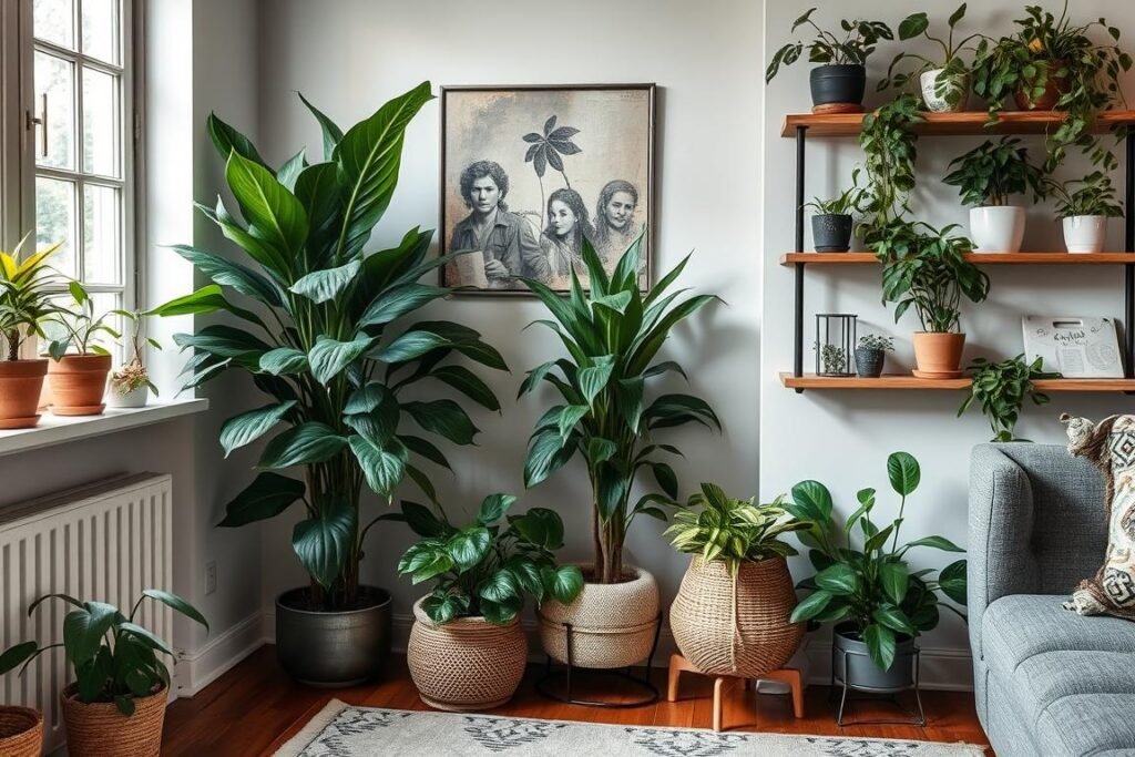 A cozy living room corner with various indoor plants adding life and texture A cozy living room corner with various indoor plants adding life and texture
