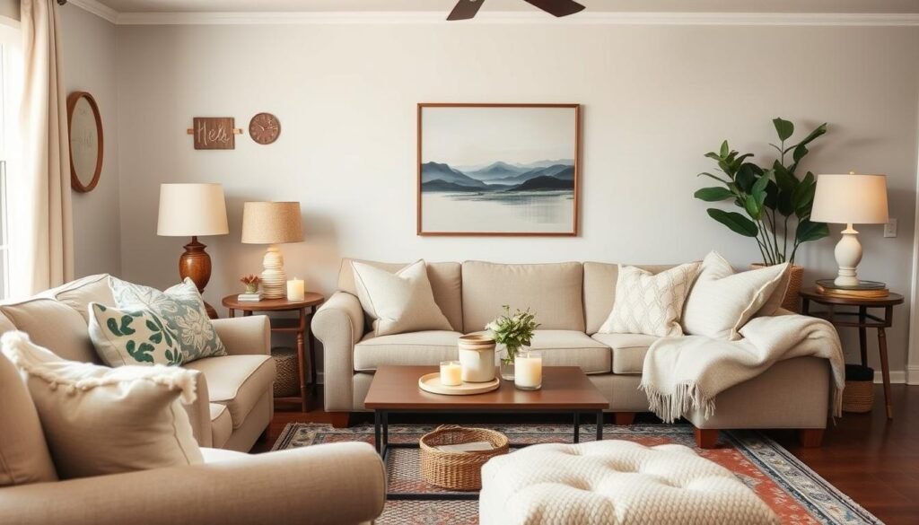 A cozy living room created with budget-friendly elements like throw pillows and candles A cozy living room created with budget-friendly elements like throw pillows and candles