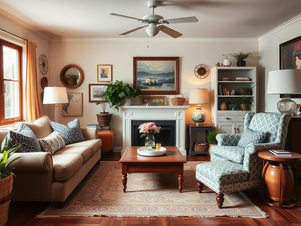 A cozy living room featuring thrifted and upcycled furniture pieces A cozy living room featuring thrifted and upcycled furniture pieces