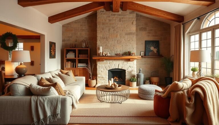 A cozy living room with soft lighting, layered textures, and warm colors