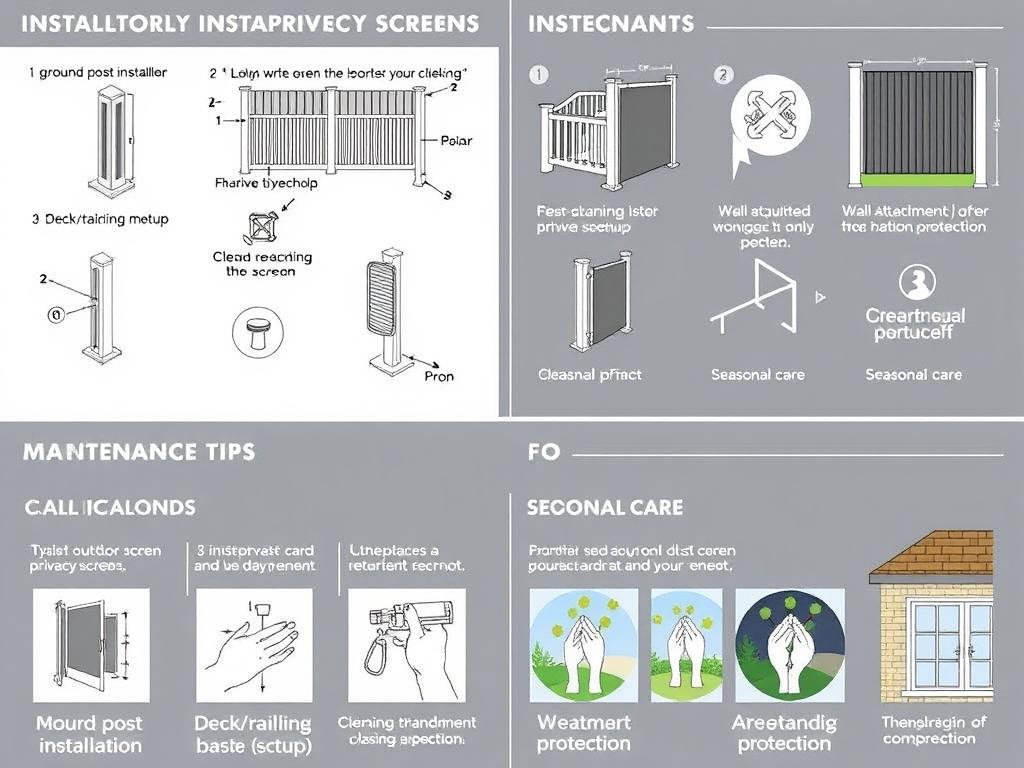 A diagram showing different installation methods for outdoor privacy screens and maintenance tips A diagram showing different installation methods for outdoor privacy screens and maintenance tips
