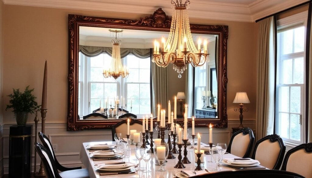 A dining room with a large vintage mirror reflecting candlelight and creating ambiance A dining room with a large vintage mirror reflecting candlelight and creating ambiance