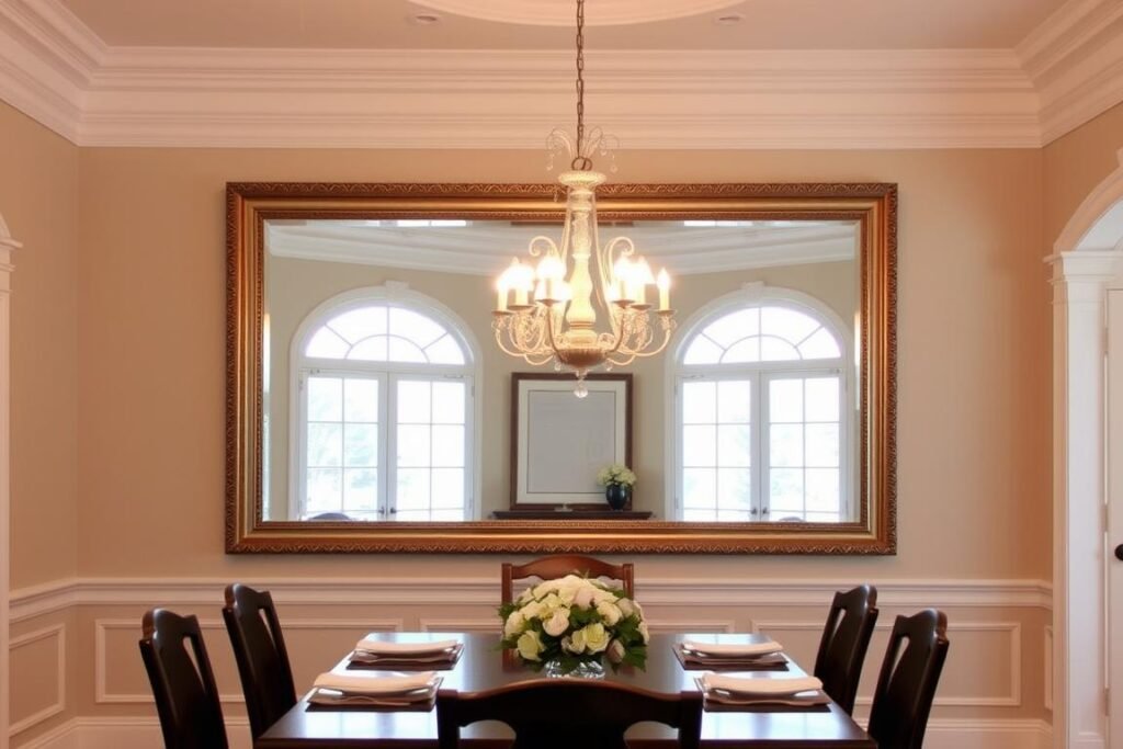 A dining room with a large wall mirror reflecting a chandelier above the dining table A dining room with a large wall mirror reflecting a chandelier above the dining table