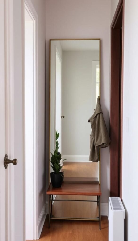 A full-length mirror in an entryway with hooks and a small bench A full-length mirror in an entryway with hooks and a small bench