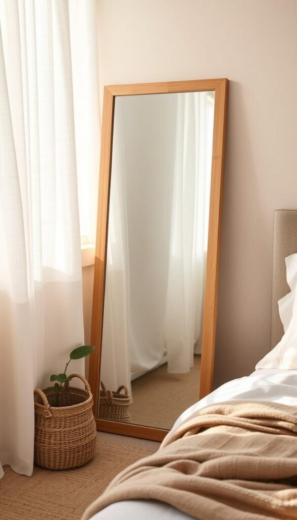 A full-length wall mirror with wooden frame leaning against a bedroom wall A full-length wall mirror with wooden frame leaning against a bedroom wall