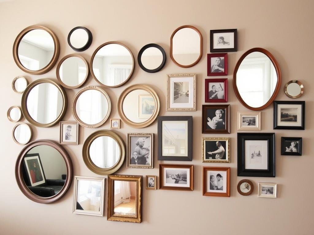 A gallery wall combining different sized and shaped wall mirrors with framed artwork A gallery wall combining different sized and shaped wall mirrors with framed artwork