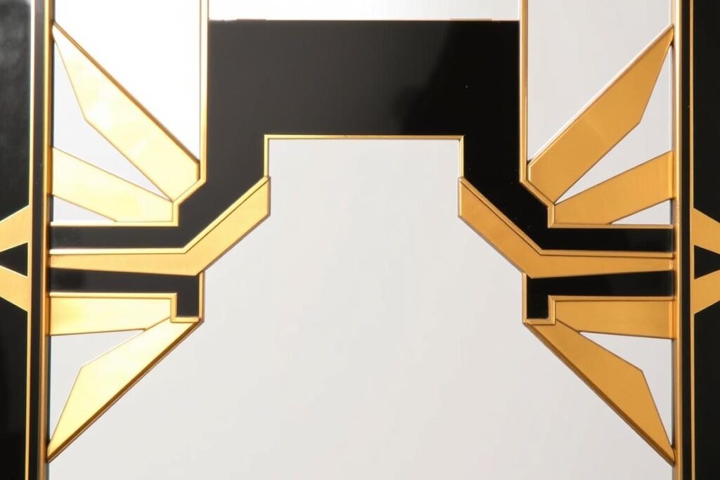 A geometric Art Deco mirror with bold lines and symmetrical patterns in gold and black A geometric Art Deco mirror with bold lines and symmetrical patterns in gold and black