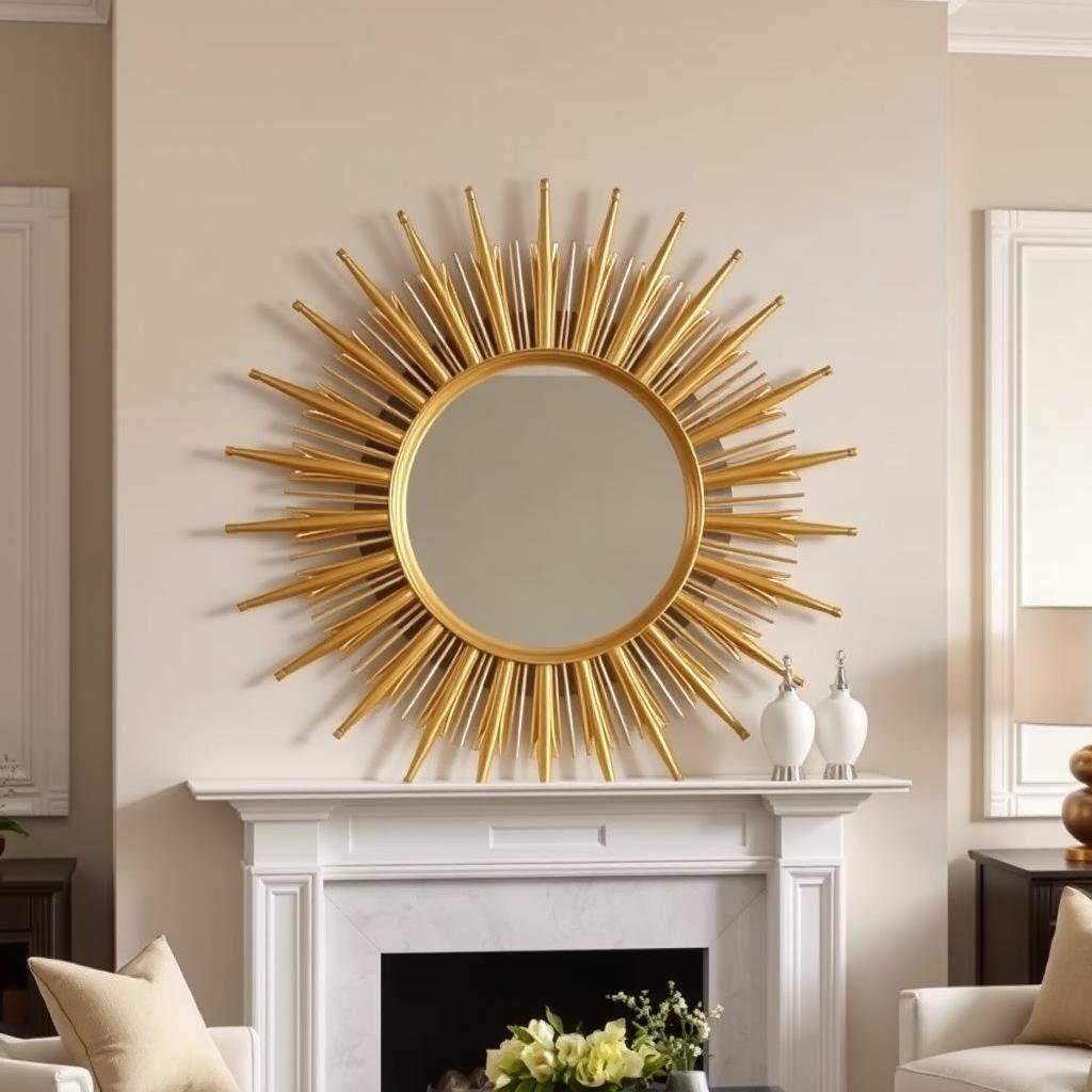 A gold sunburst wall mirror creating a dramatic focal point above a fireplace mantel A gold sunburst wall mirror creating a dramatic focal point above a fireplace mantel
