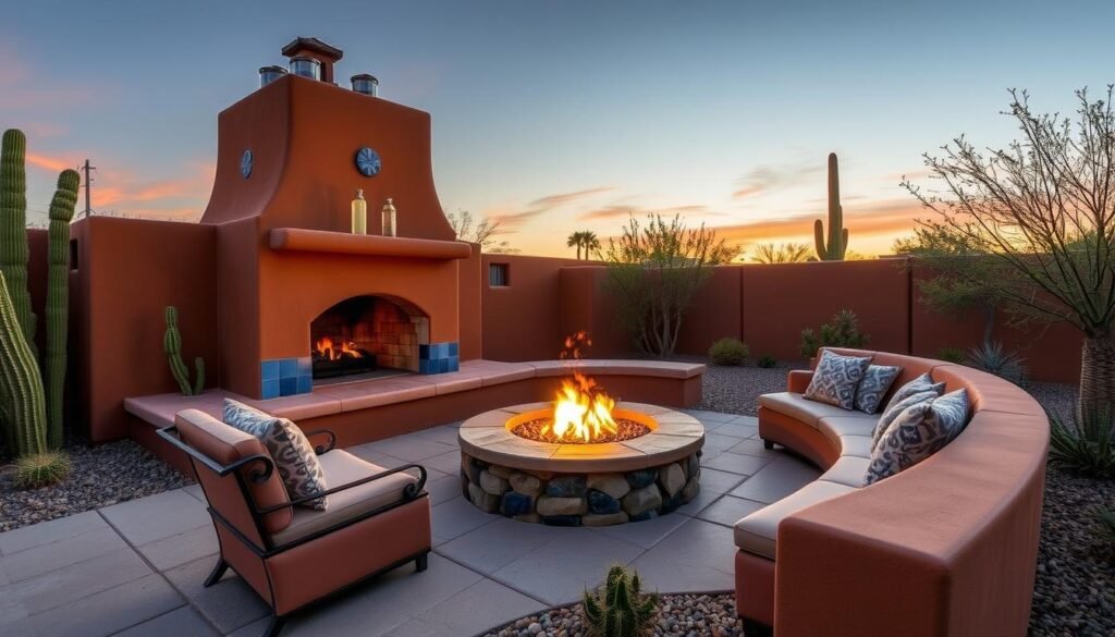 A large adobe-style outdoor fireplace with a chimney and built-in wood storage in a southwestern landscape design