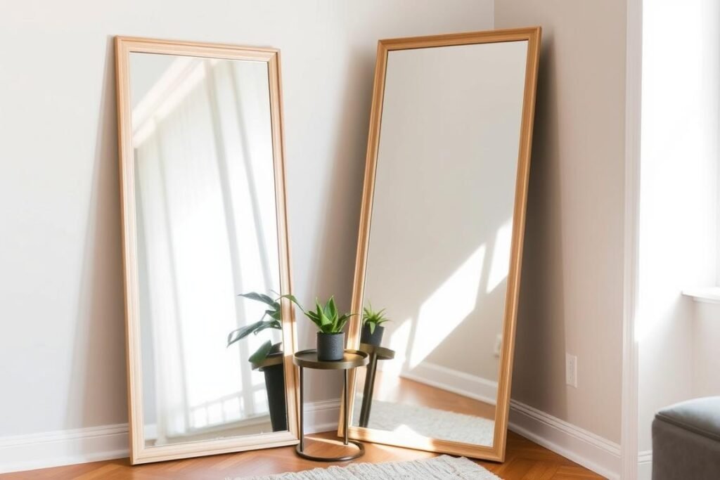 A large floor mirror leaning against a wall next to a small side table with plants A large floor mirror leaning against a wall next to a small side table with plants