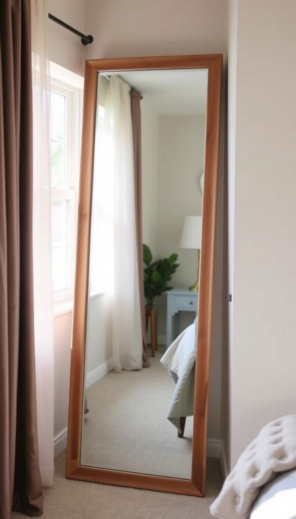 A large leaning floor mirror in a bedroom corner creating depth and functionality A large leaning floor mirror in a bedroom corner creating depth and functionality