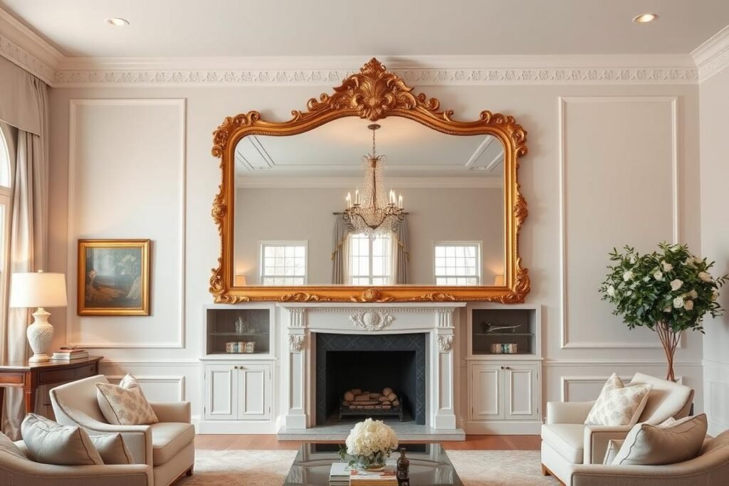 A large ornate mirror serving as the focal point above a fireplace in a living room A large ornate mirror serving as the focal point above a fireplace in a living room
