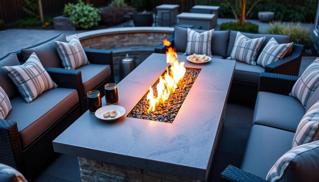 A large rectangular fire table with a wide ledge for drinks and plates surrounded by comfortable outdoor seating