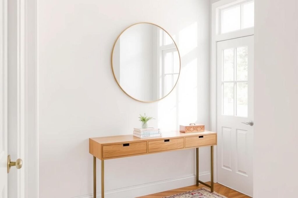 A large round wall mirror with a thin brass frame above a wooden console in a hallway A large round wall mirror with a thin brass frame above a wooden console in a hallway