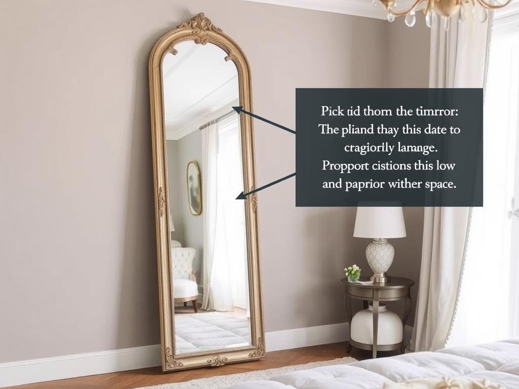 A large vintage floor mirror leaning against a wall in a bedroom, showing proper scale and proportion A large vintage floor mirror leaning against a wall in a bedroom, showing proper scale and proportion
