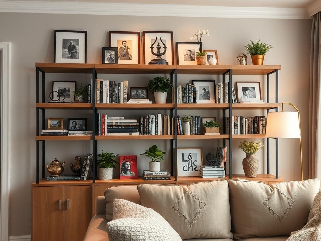 A living room bookshelf with personal items, books, and decorative objects A living room bookshelf with personal items, books, and decorative objects