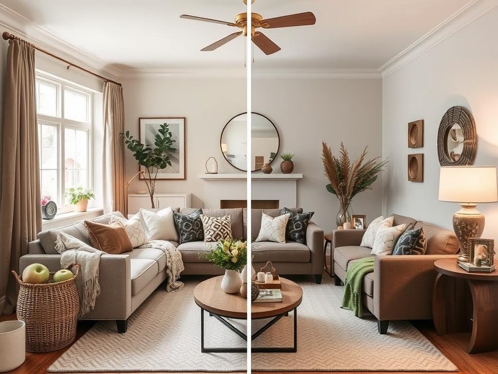 A living room showing how the same space transitions between seasons while maintaining coziness A living room showing how the same space transitions between seasons while maintaining coziness