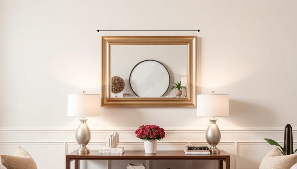 A living room showing proper proportions between a wall mirror and the console table beneath it A living room showing proper proportions between a wall mirror and the console table beneath it