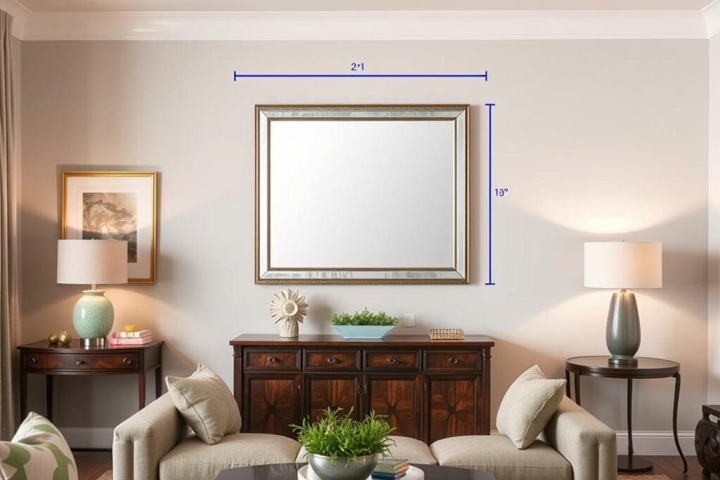 A living room showing proper sizing of a wall mirror in relation to the furniture beneath it A living room showing proper sizing of a wall mirror in relation to the furniture beneath it