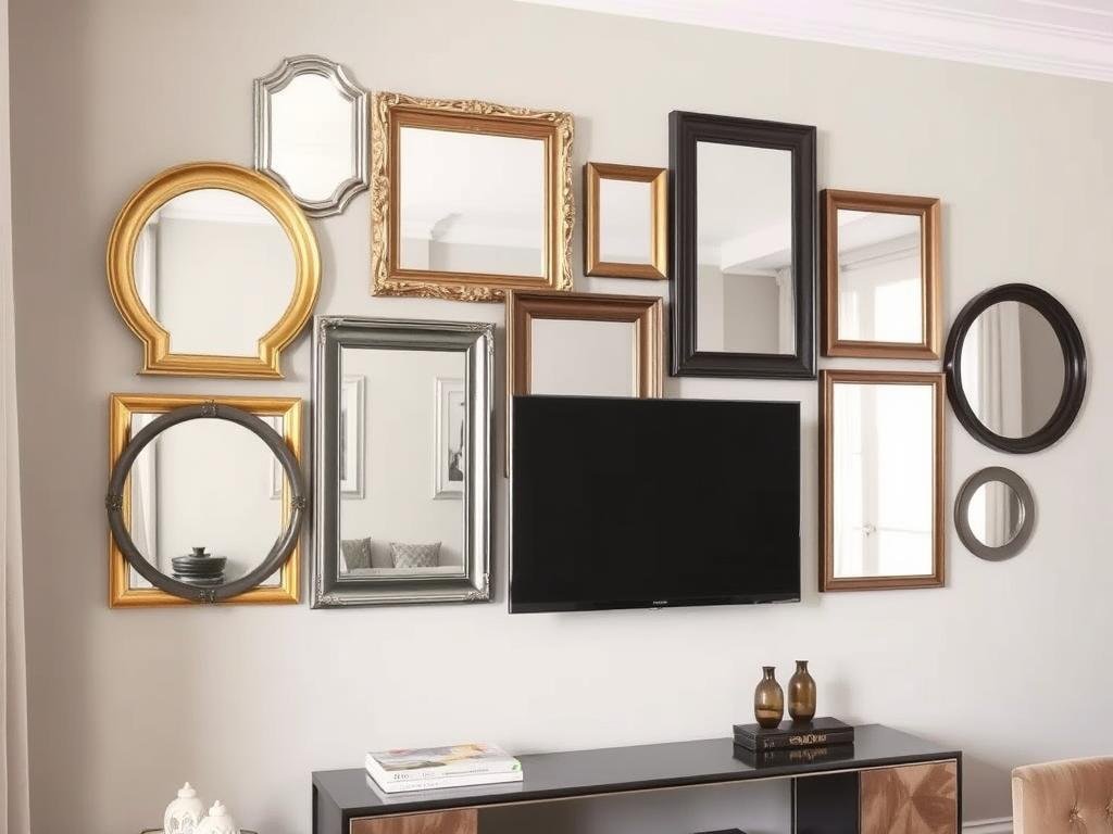 A living room wall with an arrangement of different shaped mirrors creating a gallery effect A living room wall with an arrangement of different shaped mirrors creating a gallery effect