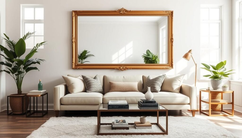 A living room with a large rectangular wall mirror above a sofa, reflecting light from opposite windows A living room with a large rectangular wall mirror above a sofa, reflecting light from opposite windows