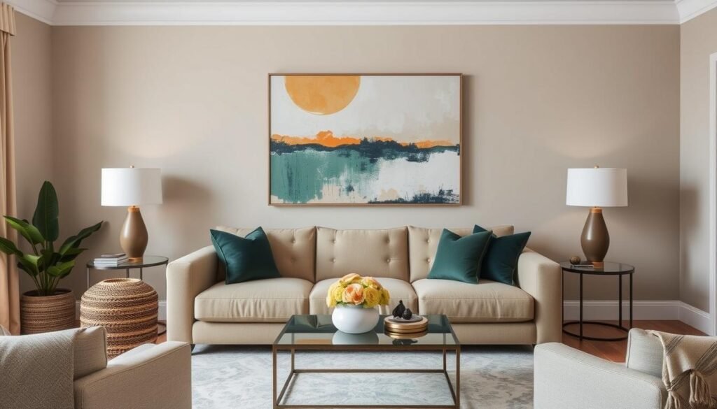 A living room with a large statement art piece serving as a focal point A living room with a large statement art piece serving as a focal point