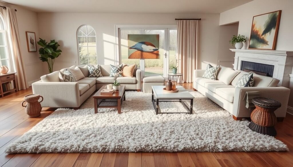 A living room with a plush area rug defining the seating area A living room with a plush area rug defining the seating area