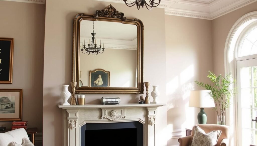 A living room with a vintage mirror positioned above a fireplace mantel, creating a focal point A living room with a vintage mirror positioned above a fireplace mantel, creating a focal point