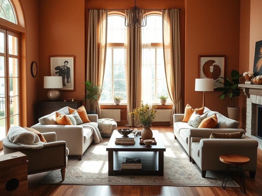 A living room with a warm color palette featuring earth tones and soft neutrals A living room with a warm color palette featuring earth tones and soft neutrals