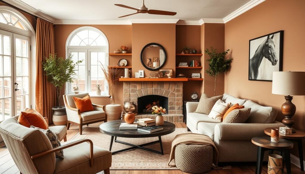 A living room with a warm earth tone color palette featuring browns, terracotta, and cream A living room with a warm earth tone color palette featuring browns, terracotta, and cream