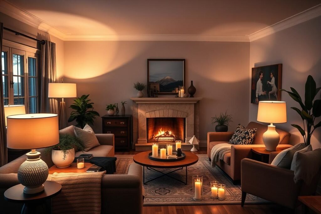 A living room with layered lighting including table lamps and ambient light A living room with layered lighting including table lamps and ambient light