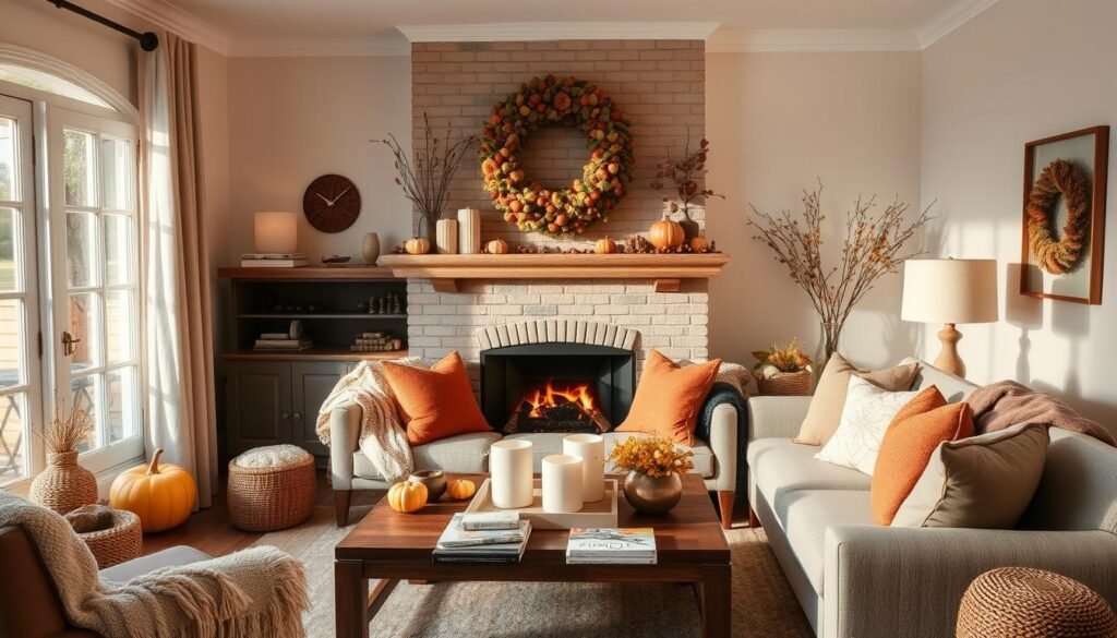 A living room with seasonal decor creating a cozy fall atmosphere A living room with seasonal decor creating a cozy fall atmosphere