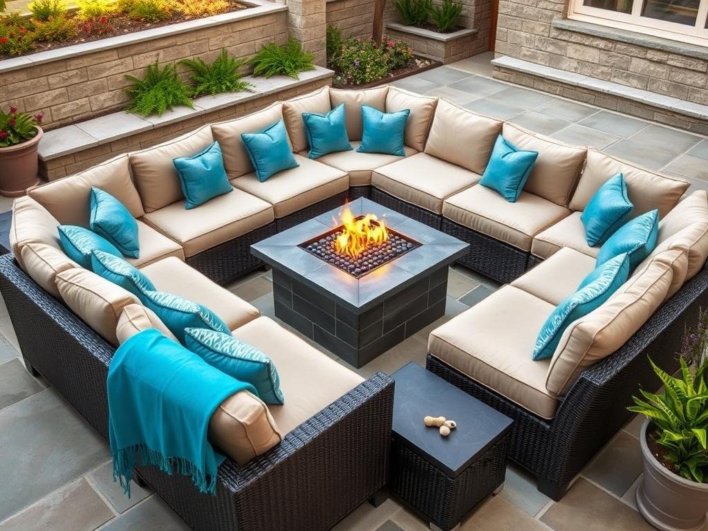 A luxurious outdoor sectional arranged around a modern fire pit on a stone patio with decorative pillows and throws