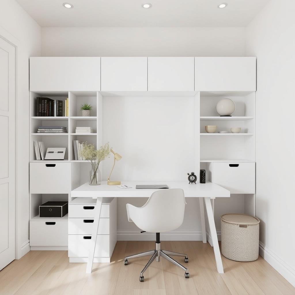 A minimalist study room with clean lines, neutral colors, and clutter-free surfaces showcasing minimalist study room decor