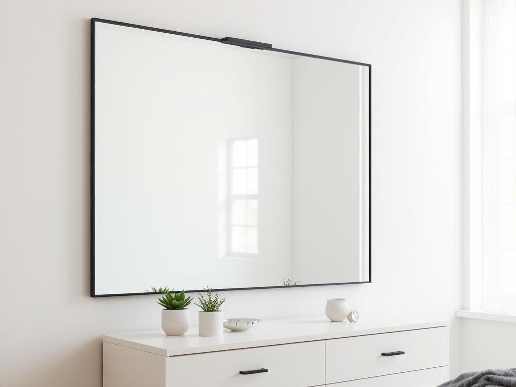 A minimalist wall mirror with thin black frame in a contemporary bedroom setting A minimalist wall mirror with thin black frame in a contemporary bedroom setting