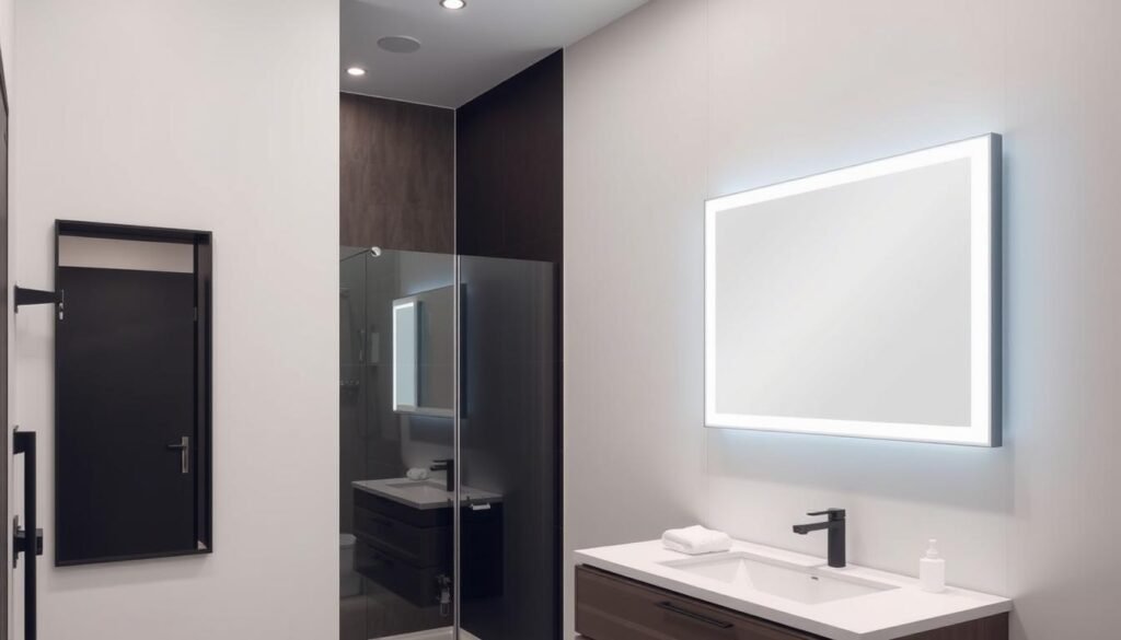 A modern bathroom with a backlit mirror creating ambient lighting A modern bathroom with a backlit mirror creating ambient lighting