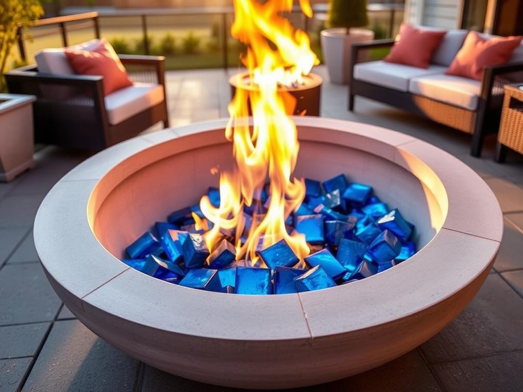 A modern circular concrete fire bowl with blue fire glass on a contemporary patio with modular seating