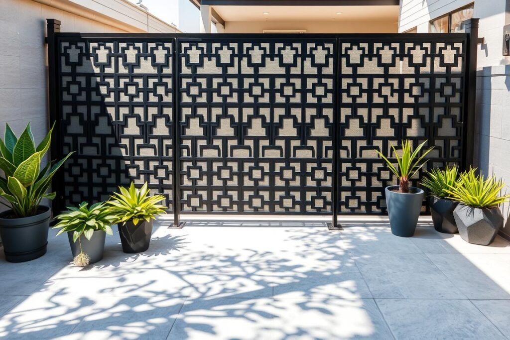 A modern metal privacy screen with geometric patterns casting decorative shadows on a concrete patio with potted plants A modern metal privacy screen with geometric patterns casting decorative shadows on a concrete patio with potted plants