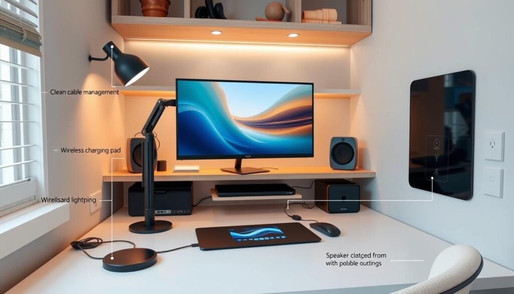 A modern study room with seamlessly integrated technology and cable management showing tech-friendly study room decor