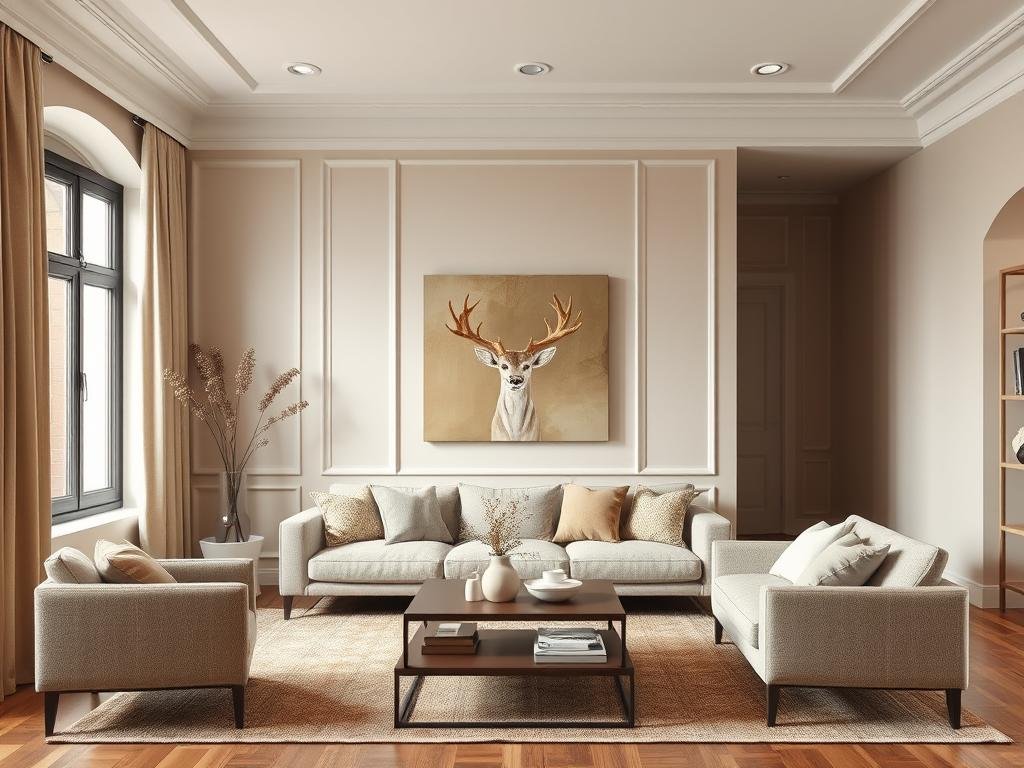 A monochromatic living room in shades of warm beige and taupe A monochromatic living room in shades of warm beige and taupe