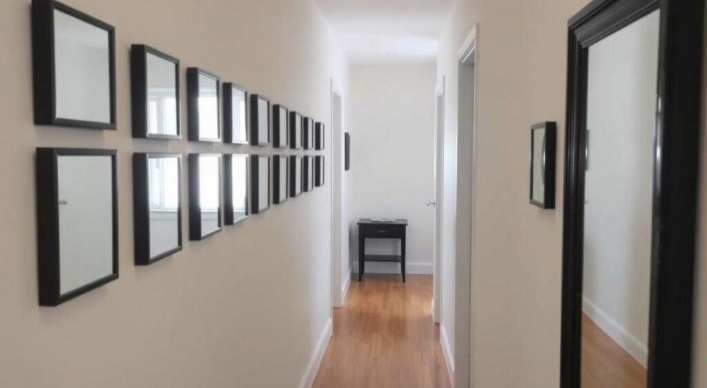 A narrow hallway with a series of small identical wall mirrors creating an illusion of width A narrow hallway with a series of small identical wall mirrors creating an illusion of width
