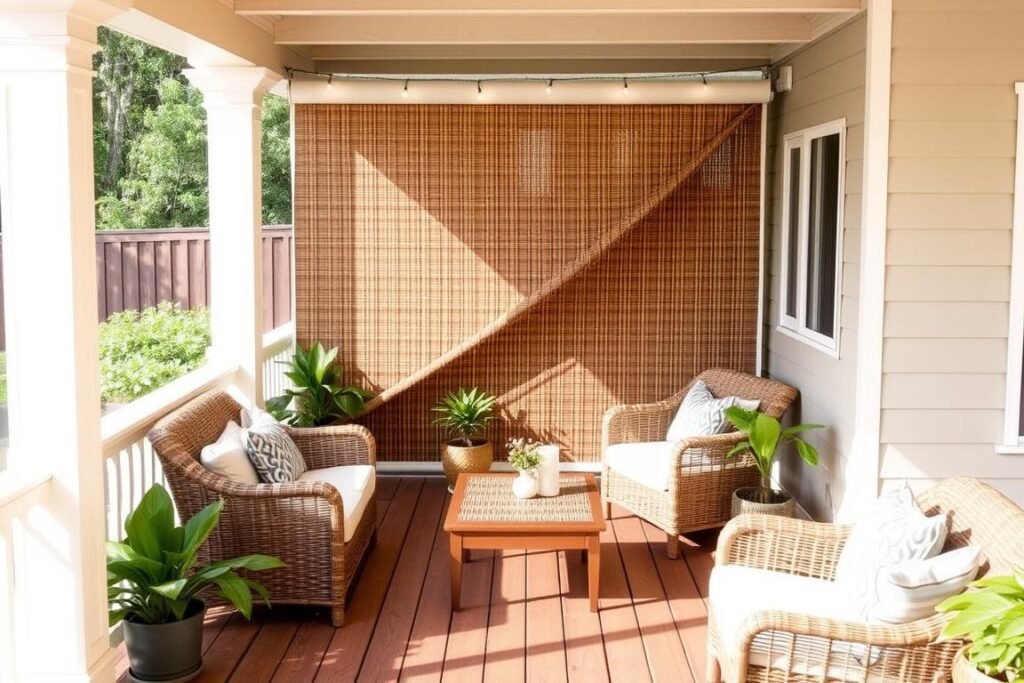 A natural bamboo roll-up privacy screen installed on a wooden deck with outdoor furniture and string lights A natural bamboo roll-up privacy screen installed on a wooden deck with outdoor furniture and string lights