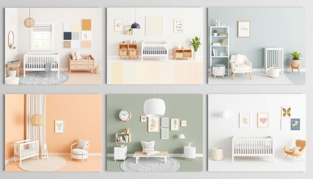 A nursery mood board showing different baby room decor themes with color swatches and material samples