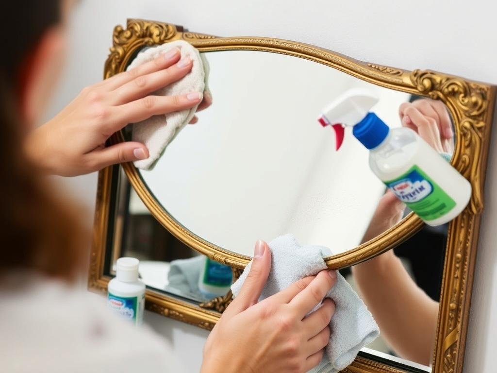 A person carefully cleaning a vintage mirror with appropriate supplies A person carefully cleaning a vintage mirror with appropriate supplies