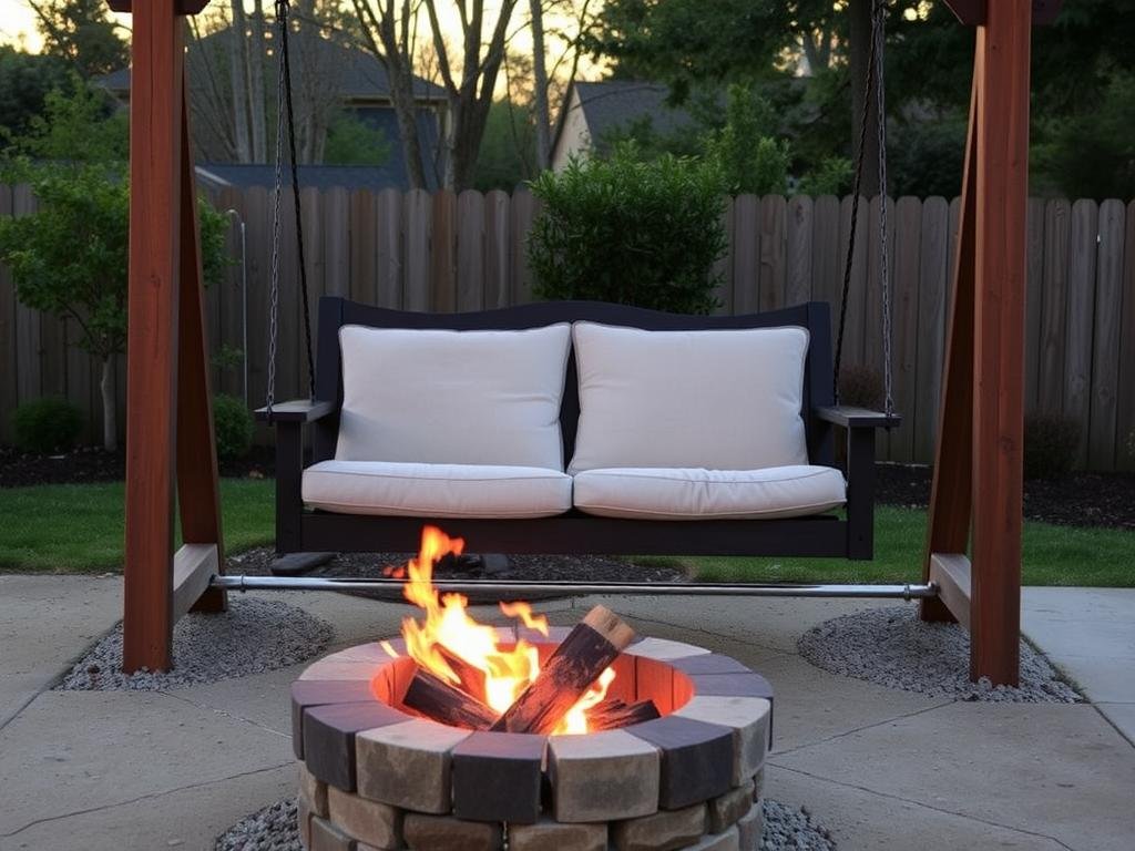 A porch swing positioned near a fire pit in a backyard setting at sunset
