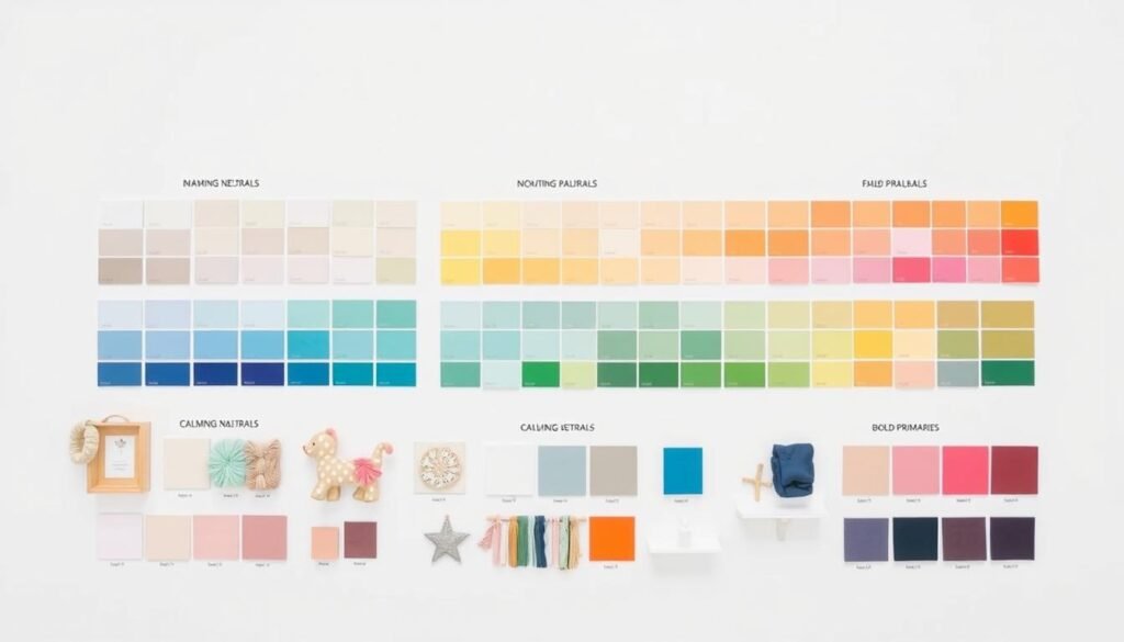 A rainbow of nursery color palette options showing different baby room color schemes