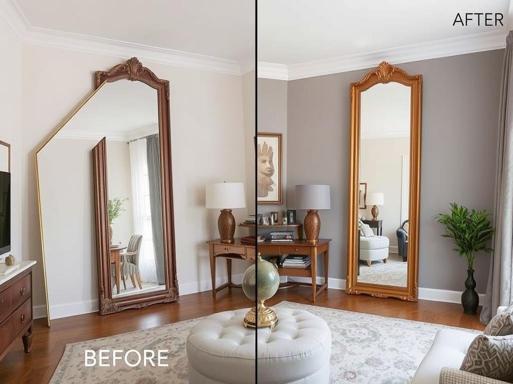 A room with an architectural challenge corrected using strategic mirror placement A room with an architectural challenge corrected using strategic mirror placement