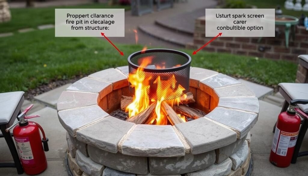 A safely installed fire pit with proper clearance from structures and a spark screen in use